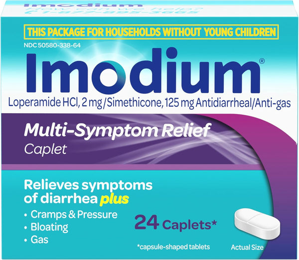 Imodium Multi-Symptom Relief Caplets with Loperamide Hydrochloride & Simethicone, Anti-Diarrheal Medicine for Treatment of Diarrhea, Gas,