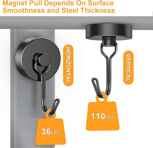 VNDUEEY 4 Pack 110LBS Magnetic Hooks Heavy Duty Neodymium Magnet Hooks for Hanging, Magnets with Hooks, Strong Swivel Magnetic Hooks for Fridge