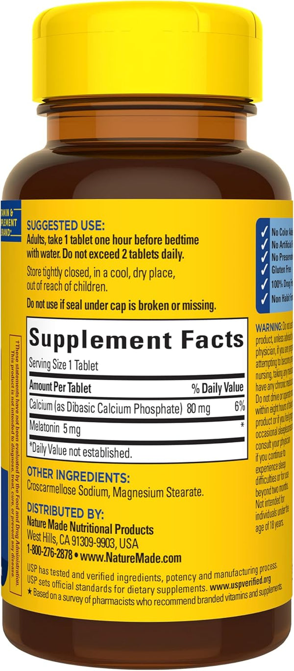 Nature Made Melatonin 5Mg Extra Strength Tablets, 100% Drug Free Sleep Aid, Sleep Supplements for Adults, 300 Tablets, 300 Day Supply