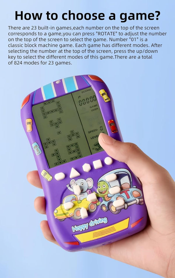 Sports Car Appearance Block Game Console Big Screen Built-In 23 Brick Games 824 Modes Adjustable Speed/Difficulty 70S/80S/90S Handheld Game Decice