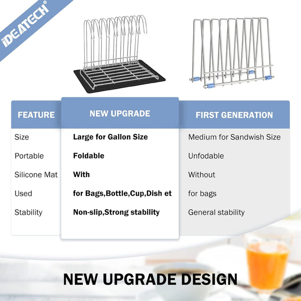 IDEATECH Reusable Bag Rack with Cup Drying Mat,Plastic Bag Dryer Rack Dish Drying,Collapsible Kitchen Counter Storage Organizer Sponge