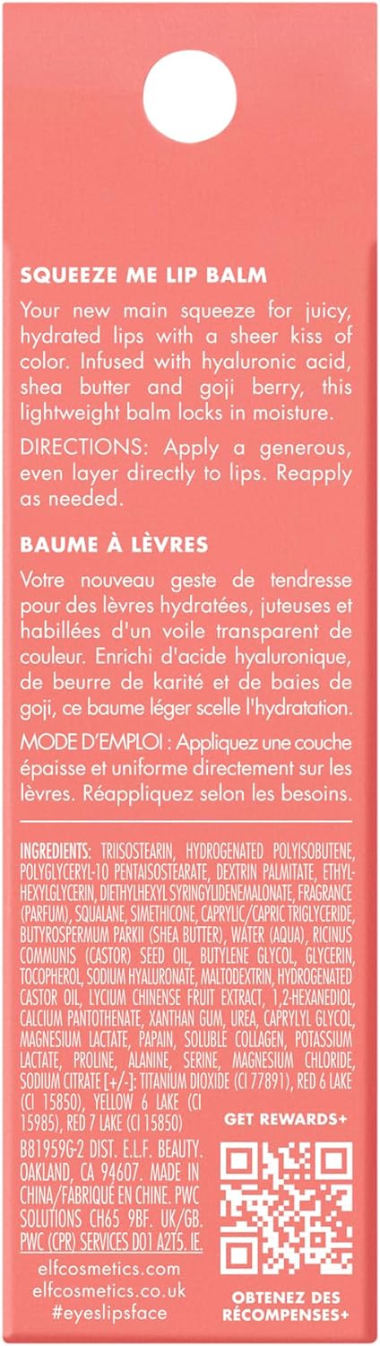 E.L.F. Squeeze Me Lip Balm, Moisturizing Lip Balm for a Sheer Tint of Color, Infused with Hyaluronic Acid, Vegan & Cruelty-Free, Strawberry