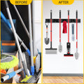 SLIIMU Movable 30'' Broom and Mop Holder Wall Mount with Sliding 7 Racks 8 Hooks, Storage Organizer Wall Hanger, Cleaning Tool Hanging Grippers