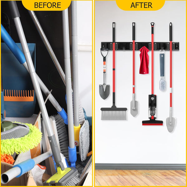 SLIIMU Movable 30'' Broom and Mop Holder Wall Mount with Sliding 7 Racks 8 Hooks, Storage Organizer Wall Hanger, Cleaning Tool Hanging Grippers
