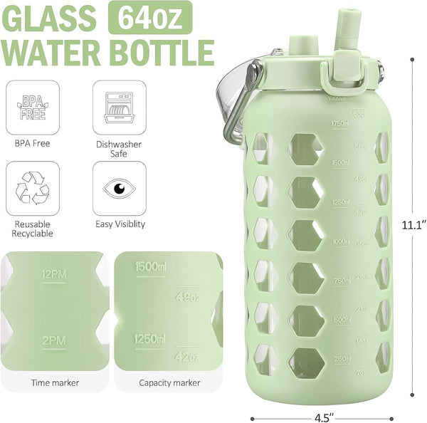 MUKOKO 64Oz Glass Water Bottles with Straw and Lid,Half Gallon Water Bottle with Time Marker,Large Glass Water Jug with Silicone Sleeve and