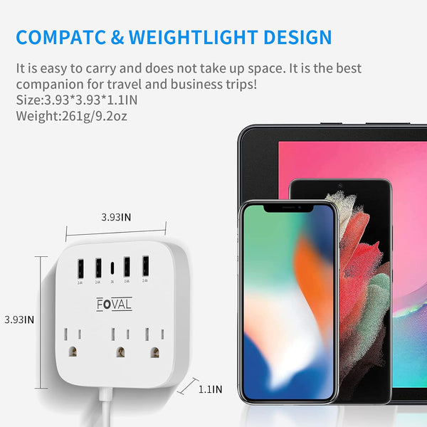 European Travel Plug Adapter, FOVAL EU UK US Power Strip with USB C and 4 USB Ports, 3 AC Outlets, Wall Mountable, 5Ft Extension Cord, Compact for