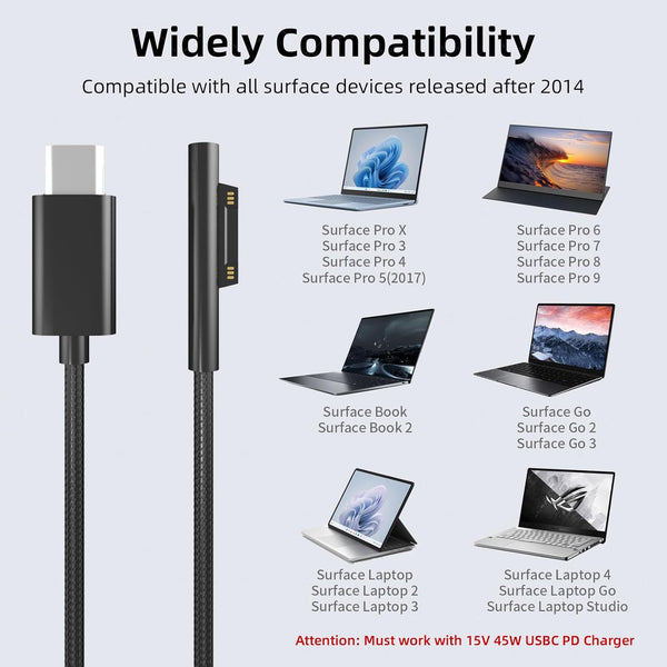P45W 15V 3A Compatible with Microsoft Surface Pro 3/5/6/7Go3/2/1 Laptop 4/3/2/1 Type-C to Surface Nylon Braided Cable Power Supply USB-C Charger