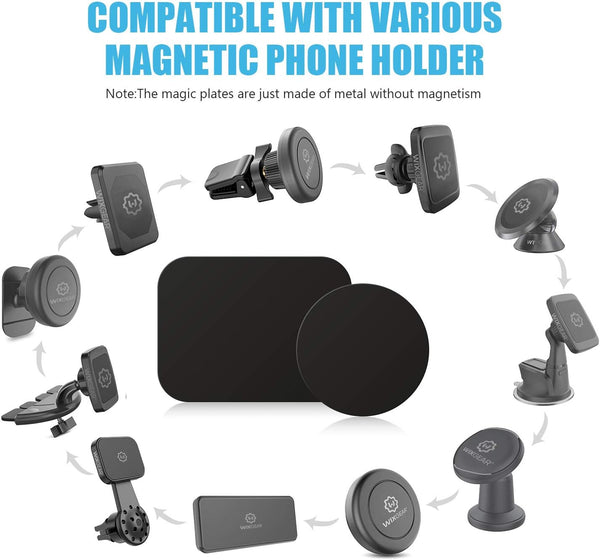 Mount Metal Plate with Adhesive for Magnetic Cradle-Less Mount by Wixgear - X4 Pack 2 Rectangle and 2 round (Compatible with Magnetic Mounts) (Black)