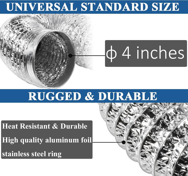 Funmit 4 Inch 10 Feet Flexible Adjustable Aluminum Dryer Vent Hose with 2 Metal Duct Clamp, PVC Tube Compatible with Most Dryers