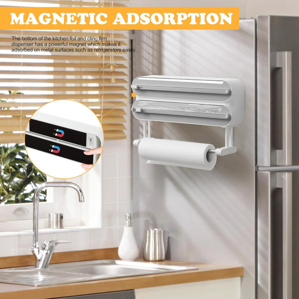 Magnetic Plastic Wrap Dispenser with Cutter - Refillable Aluminum Tin Foil and Plastic Wrap Organizer for Kitchen, Quasziwa Upgraded 3 in 1 Paper