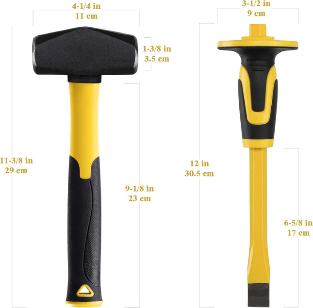 KURUI 3Lb Sledge Hammer & Flat Chisel with Hand Protection for Tile/Rock/Masonry/Concrete/Brick/Rockhounding, Mason Flat
