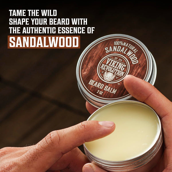 Viking Revolution Sandalwood Beard Balm for Men (2Oz) and Sandalwood Beard Oil (1 Fl Oz) Bundle - with Argan and Jojoba Oils - Soften and