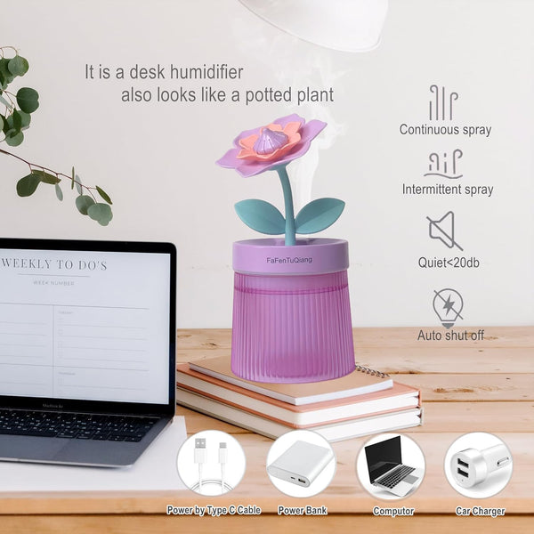 Desk Mini Humidifier,Personal Small Humidifier Diffuser 260Ml Portable,Cute,Flower,Quiet,Cool Mist, Auto Off,Colorful Light,Top Fill Air