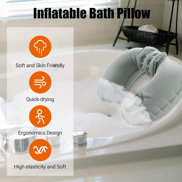 MABOZOO Inflatable Bath Neck Pillows for Tub & Shower - Head & Neck Support, Grey U-Shaped Travel Pillow for Airplane