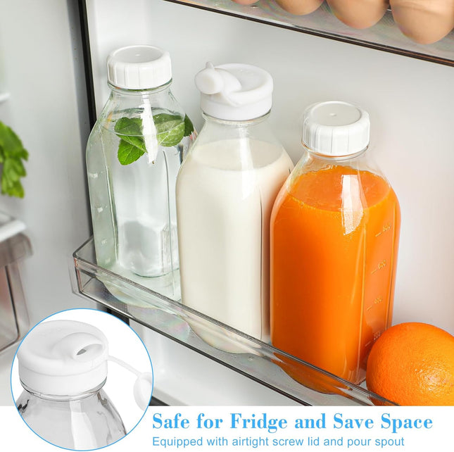 Liter Glass Milk Bottles W Scale, 100% Airtight Heavy Duty Screw Lid - 4 Pack 32 Oz Drinking Jars W Lids - Glass Bottles
