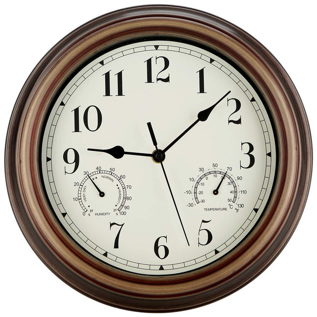 Rsobl 12 Inch Indoor Outdoor Wall Clock Waterproof with Temperature and Humidity Combo,Battery Operated Non Ticking Sile