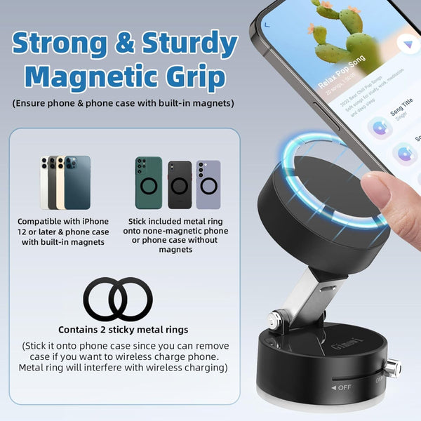 Fachooi Suction Cup Phone Mount Pro - Next-Gen Vacuum Magnetic Phone Holder for Car, 210Â° Adjustable Angle, Non-Slip Dashboard/Windshield Car