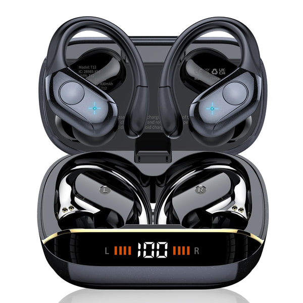 Wireless Earbuds Bluetooth 5.4 Headphones Sports, 75H Stereo Deep Bass over Ear Buds with Earhooks, Bluetooth Earbuds with 4 ENC Mic, LED Display,
