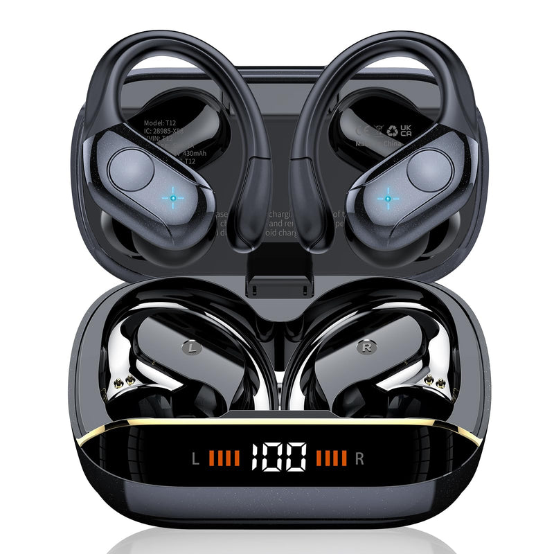 Wireless Earbuds Bluetooth 5.4 Headphones Sports, 75H Stereo Deep Bass over Ear Buds with Earhooks, Bluetooth Earbuds with 4 ENC Mic, LED Display,