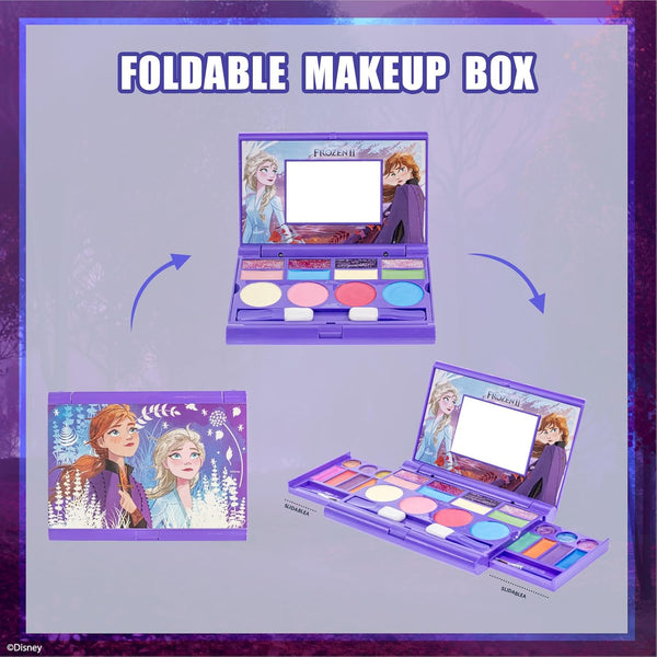 Disney Frozen All-in-One Kids Cosmetic Compact Set Includes Washable Lip Gloss, Eye Shimmer, Cheek Shimmer, Brushes Colorful Portable Beauty Set