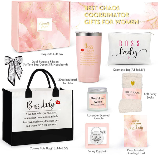 Boss Lady Gifts for Women, Best Boss Gift with Grocery Canvas Tote Bag, Funny Boss Christmas Box for Women, Cool Basket for Bosses Female, Office