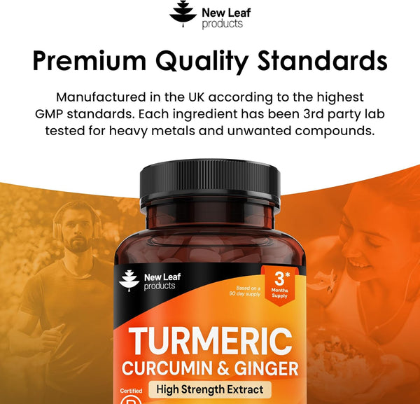 Turmeric Tablets with Black Pepper & Ginger - Curcumin - 180 Turmeric and Black Pepper Tablets (3 Month) High Strength Active Turmeric Supplements
