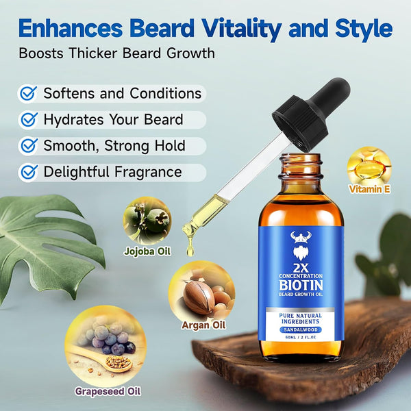 Beard Growth Oil - 2X Concentration Biotin Beard Oil for Men (2 Oz) - Natural Mens Beard Oil with Argan Oil, Jojoba Oil and Vitamin, Beard Growth