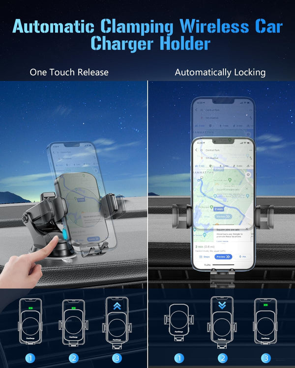 Wireless Car Charger, Fast Charging Phone Holder 3 in 1 Phone Mount Auto Clamping Car Accessories Compatible with Iphone 16 15 14 13 12 11 Xs XR,