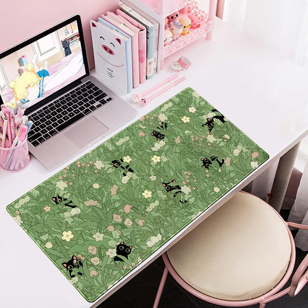 Green Desk Mat XL Cat Cute Plant Cool Desk Pad Keyboard Mat Kawaii Black Cat Flower Mouse Pad Green Desk Mat Desk Decor with Stitched Edges