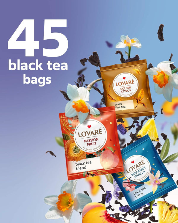 Lovare Black and Green Tea Bags Variety Pack - Made in Ukraine Tea Sampler - Individually Wrapped 90 Assorted Tea Bags - Gift Box for Tea Lovers