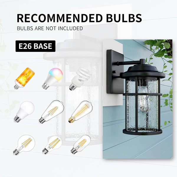 Outdoor Wall Lantern, Exterior Waterproof Wall Sconce Light Fixture, Anti-Rust Black Wall Mount Lighting with Seeded Glass Shade, E26 Socket Front