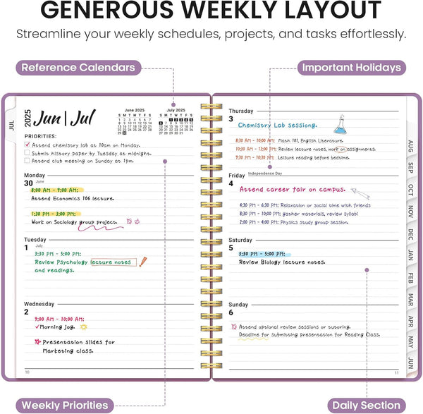 Planner 2025-2026, Academic Year Weekly and Monthly Calender Planner, July 2025 - June 2026, Spiral Bound School Planning Tool, Perfect for