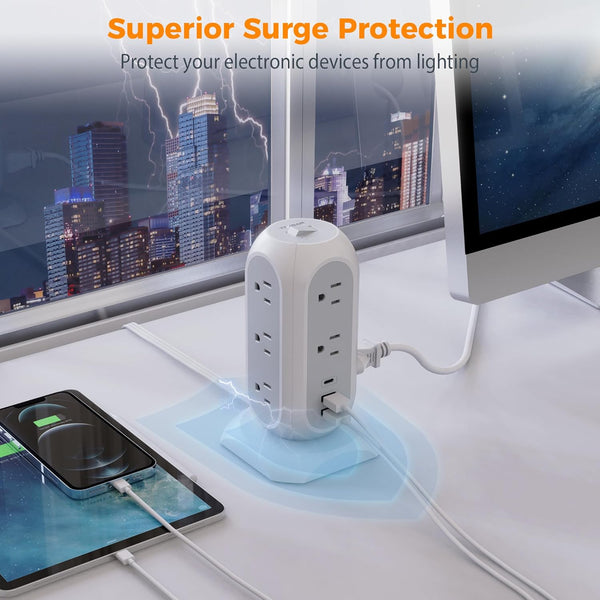 Tower Power Strip Flat Plug with 11 Outlets 3 USB (1 USB C), TESSAN Surge Protector Tower 1625W/13A,1050J Protection, 6 Feet Extension Cord with