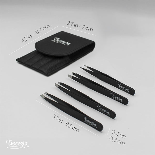 TWEEZIA Stainless Steel Tweezer Set - 4 Precision Tweezers with Mirror & Leather Case - Ideal Eyebrow Kit, Ingrown Hair Tweezers, Splinter Removal