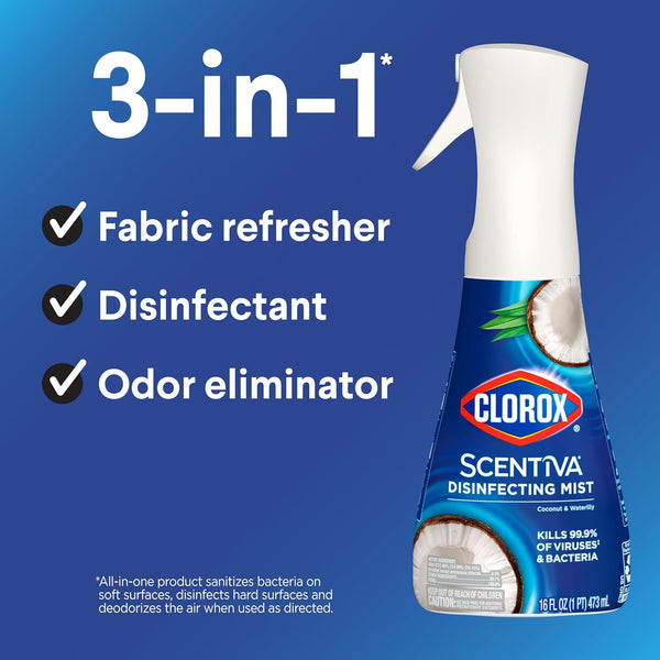 Clorox Scentiva Disinfecting Mist, Coconut and Waterlily, 1 Spray and 1 Refill, 16 Oz Each
