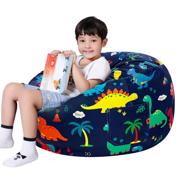 Lukeight Stuffed Animal Storage Bean Bag Chair Cover (No Filling) for Kids, Dinosaur Zipper Beanbag Chair Cover for Organizing Toddler and Kids