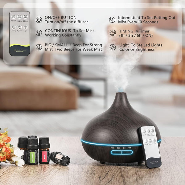 Aroma Diffiser with Essential Oils Set, 550 ML Essential Oil Diffuser with Remote, Ultrasonic Technology Aromatherapy Diffusers Auto Shut-Off for