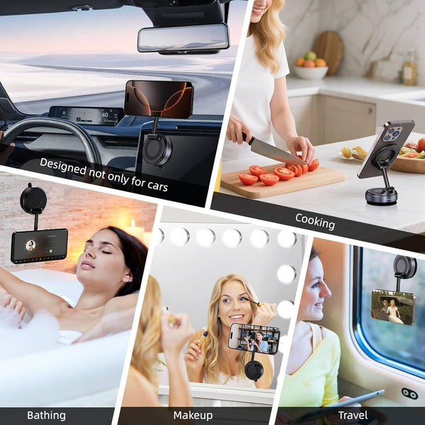 Vacuum Magnetic Suction Phone Holder, Foldable and Retractable Hands-Free Suction Cup Phone Mount for Car/Gym/Mirror/Smooth Surface, Compatible