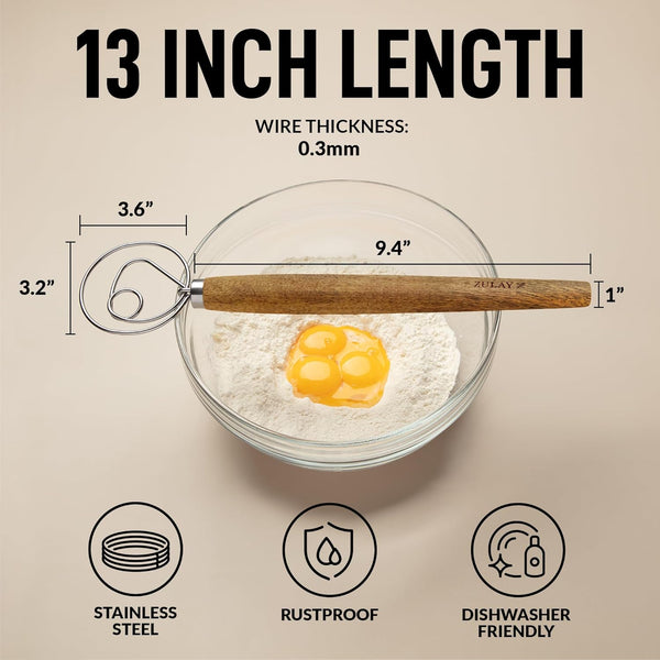 Zulay Kitchen 13 Inch Danish Dough Whisk - Large Wooden Danish Whisk for Dough with Stainless Steel Ring - Traditional Dutch Whisk Baking Tool for