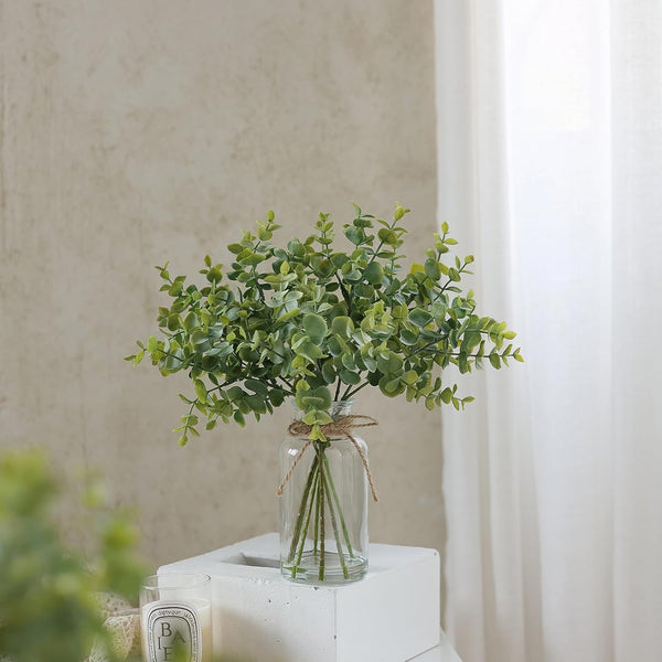 Zheart Fake Eucalyptus Stems in Glass Vase with Faux Water,14" Artificial Plants Eucalyptus Leaves for Shelf Desk Bathroom Farmhouse Room Coffee