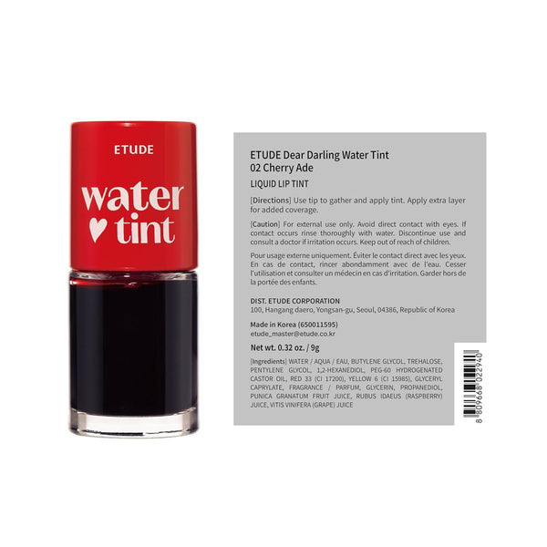 ETUDE Dear Darling Water Tint - Cherry Ade (9G) | Vivid Color Lip Stain with Moisturizing Weightless & Non-Sticky Finish Lip Stain | Smudge-Proof