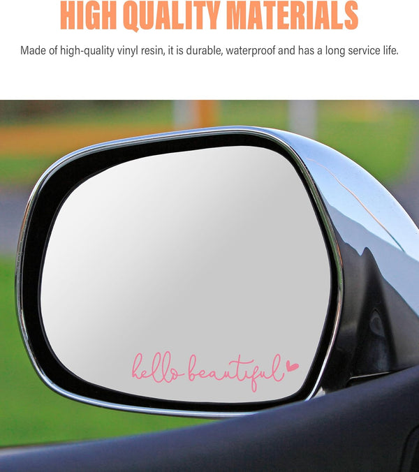 RACOONA Mirror Decal - Hello Beautiful Rearview Sticker, Car Accessories Window Decal, Self Affirmations Decoration (Pink)