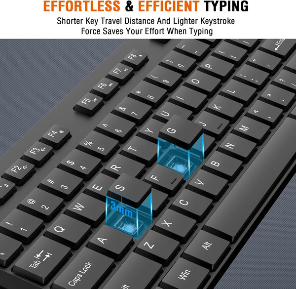 Wireless Keyboard and Mouse Combo, EDJO Silent Full Size Cordless USB Keyboard Mouse, 2.4Ghz Lag-Free, Long Battery Life, for Computer, Laptop,