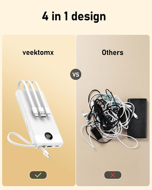 VEEKTOMX Portable Charger with Built in Cables 10000Mah, USB C Power Bank with 5 Outputs and LED Display, Small & Slim B