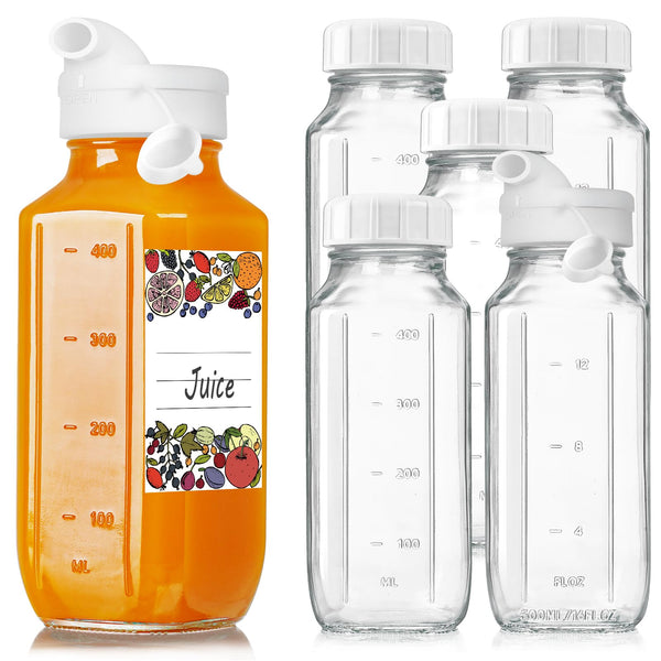 6 Pack 16 Oz Glass Juice Bottles W Pour Spout, 100% Airtight Heavy Duty SCREW Lid- Reusable Glass Milk Bottles W Capacity Mark, Square Drinking