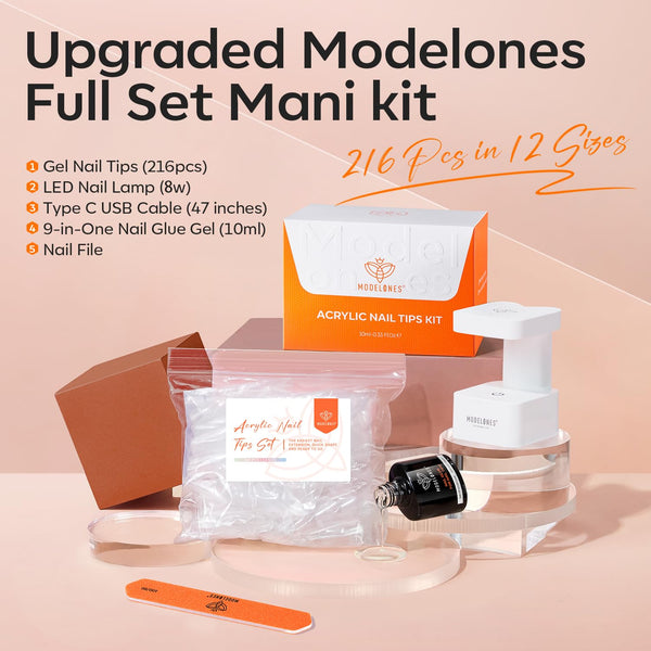 Modelones Gel Nail Kit Short Almond Gel Nail Tips, 9-In-One Nail Glue with Portable U V Nail Lamp, 216Pcs 12Sizes Press on Acrylic False Nails Tip