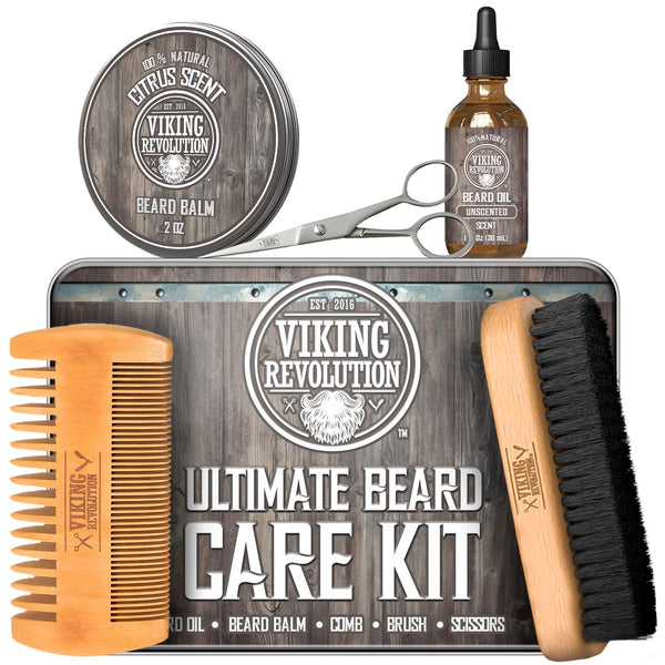 Viking Revolution Beard Care Kit for Men - Kit Includes 100% Boar Beard Brush, Wooden Comb, Beard Balm, Beard Oil, Beard & Mustache Scissors in a
