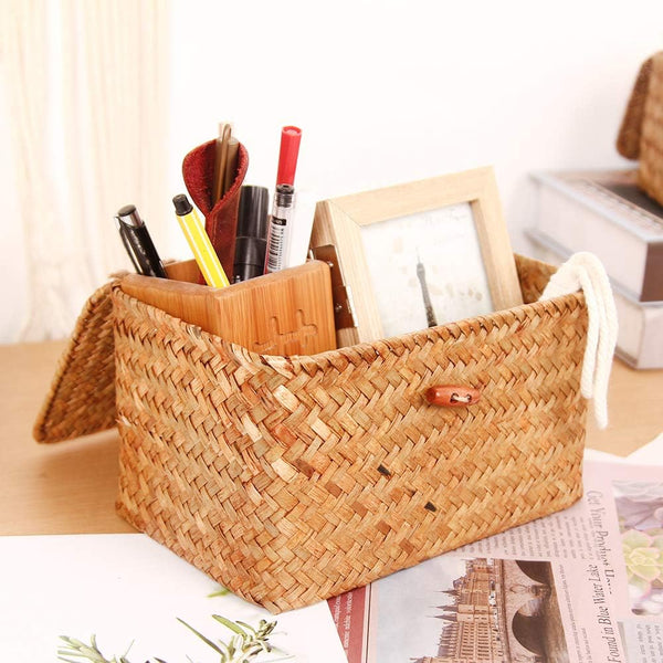 FEILANDUO Shelf Baskets with Lid Set of 3 Handwoven Seagrass Storage Box Wicker Basket Desktop Makeup Organizer Multipurpose Container (Original