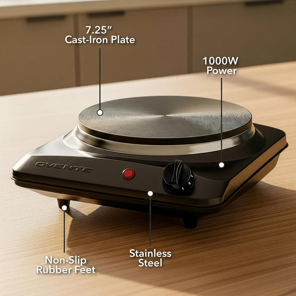 OVENTE Electric Countertop Single Burner, 1000W Cooktop with 7.25 Inch Cast Iron Hot Plate, 5 Level Temperature Control, Compact Cooking Stove and