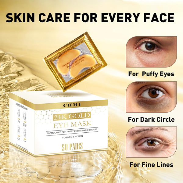 CHMI under Eye Patches (100 Pairs) - 24K Gold Eye Patches for Puffy Eyes, Dark Circles, Eye Bags and Wrinkles, Collagen Skin Care Products, Beauty